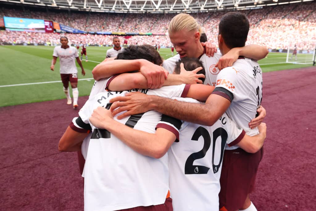 Man City vs Nottingham Forest lineups - Can Awoniyi outshine Haaland? 1 Bernardo Silva of Manchester City celebrates with team mates after he scores for 1-2 in the 76th minute